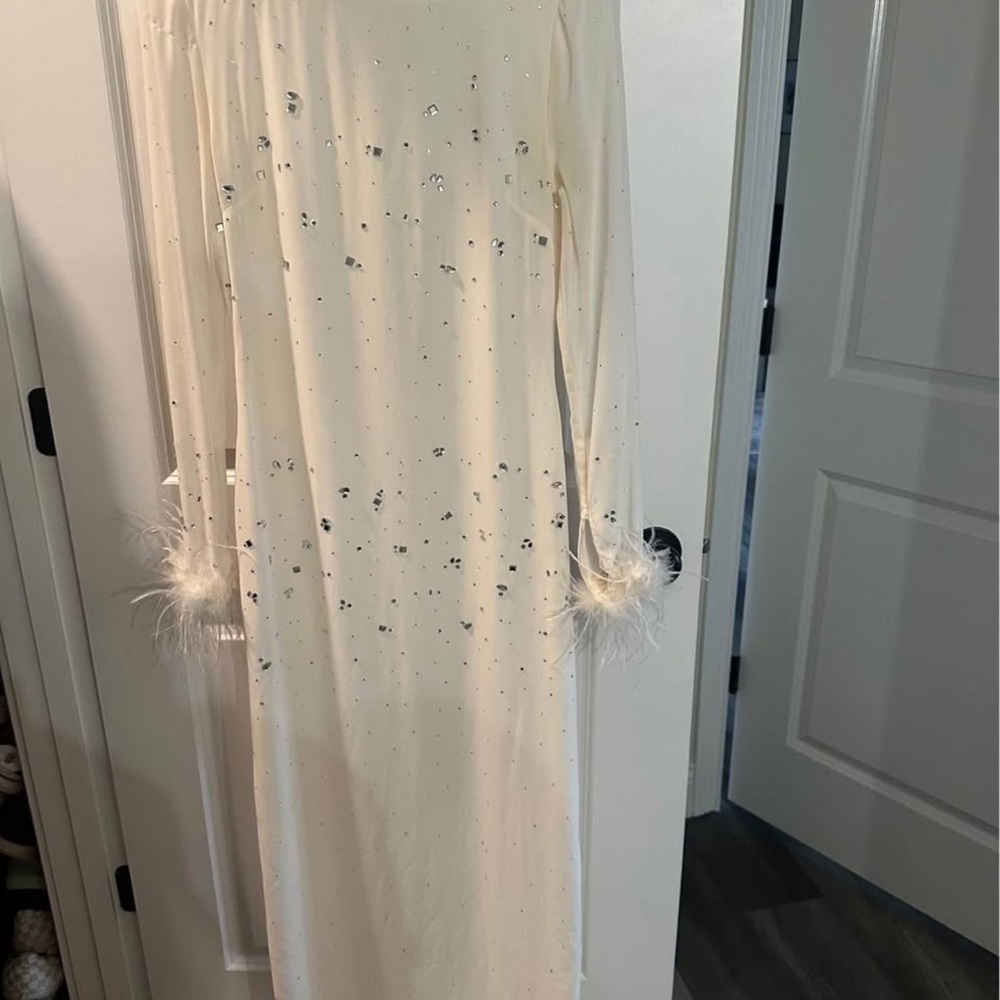 REVOLVE Cream Long Sleeve Dress with Feather Details